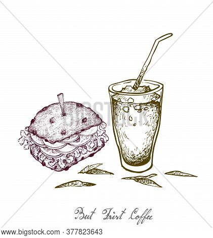But Frist Coffee, Illustration Hand Drawn Sketch Of Delicious Pork Burgery With Lettuce, Tomato, Oni