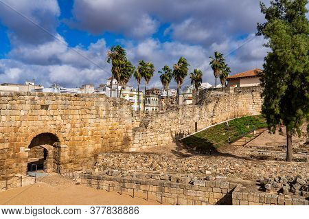 Merida, Spain - November 05, 2019: Arab Fortress Alcazaba Near Guadiana River In Merida, Spain, Regi