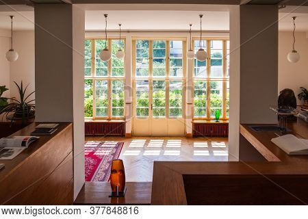 Prague, Czech Republic - July 12 2020: Villa Winternitz Living Room Or Main Hall Interior Designed B