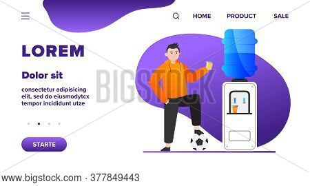 Football Player Drinking Water At Cooler. Male Athlete, Soccer, Sportsman Flat Vector Illustration. 