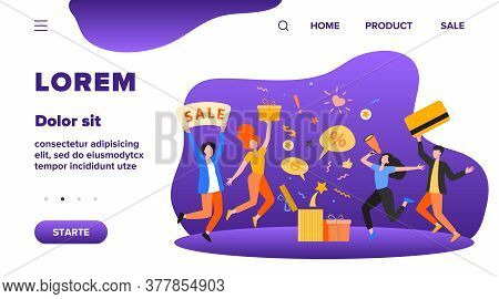 Customers Celebrating Sale. People Holding Gift, Credit Card, Loudspeaker, Dancing, Having Fun. Vect