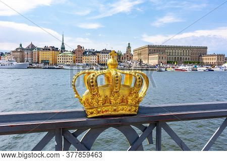 Stockholm Old Town Cityscape With Royal Palace And Royal Crown, Sweden