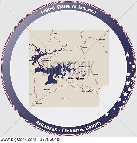Round Button With Detailed Map Of Cleburne County In Arkansas, Usa.