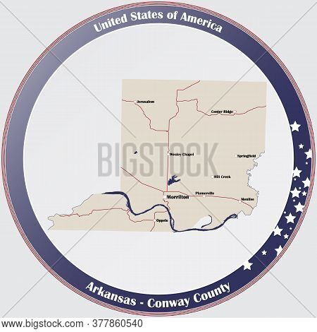 Round Button With Detailed Map Of Conway County In Arkansas, Usa.
