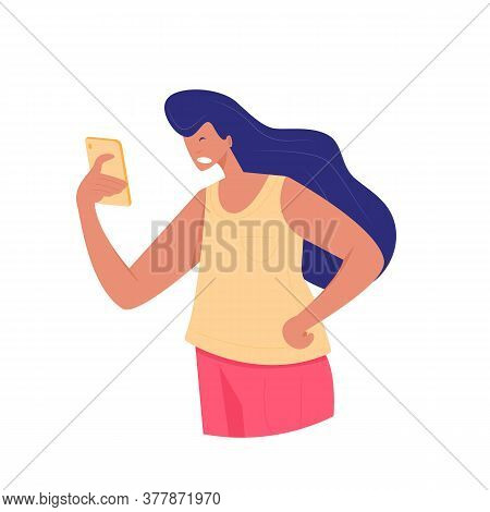 Irritated Young Woman Looks At The Screen Of Her Phone. Vector Illustration Of Girl With Stunned Emo