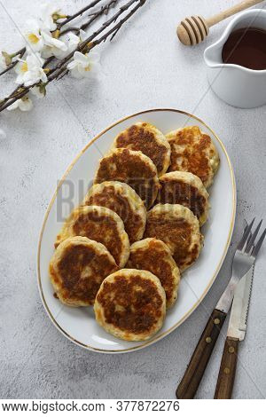 Cheese Flapjacks Or Pancakes. Rounf Frities Made From Cotage Cheese.