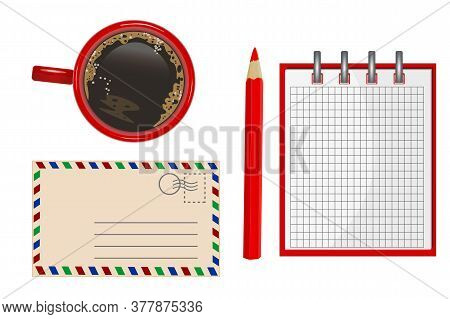 Set Of Office Objects. Pen, Coffee, Notebook And Envelope Isolated On White Background. Design Conce