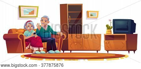 Old People In Room In Nursing Home. Elderly Woman Calling On Mobile Phone. Vector Cartoon Illustrati