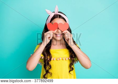 Portrait Of Positive Child Girl Close Cover Small Papercard Heart Enjoy 14-february Dreamy Romance H