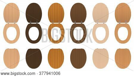 Toilet Seats. Wooden Set Of Different Textured Lavatory Lids, Lifted Up And Down - Old Fashioned Col