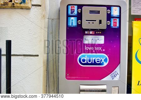Granada, Spain - September 05, 2015: Colorful Durex Condom Machine