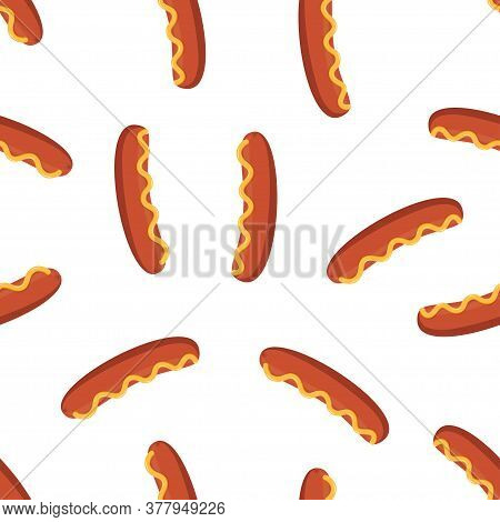 Bavarian Sausages With Mustard Isolated On White, Smoked Sandwhich Meat Sausage Seamless Pattern, St