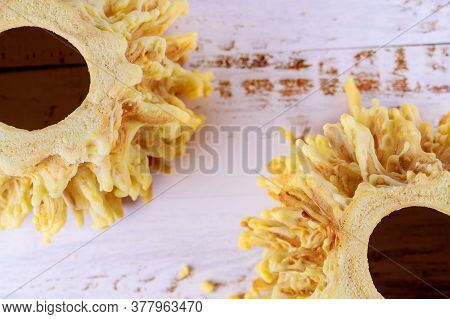 Two Lithuanian Sakotis Cake On White Wooden Background. Top View.