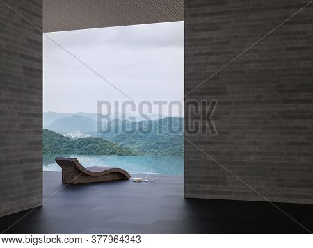 Minimal Loft Style Swimming Pool Terrace With Mountain View 3d Render,there Are Black Tile,concrete 