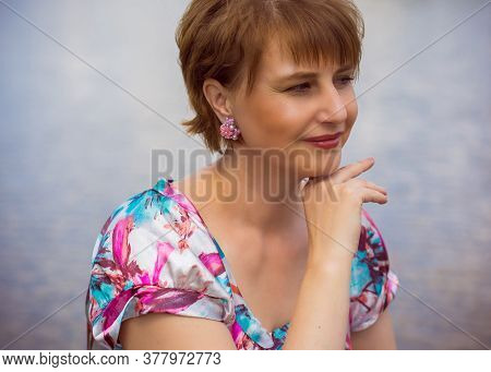 Mature European Pretty Good Woman On A Weekend Near Cottage Have A Good Mood At Summer Sunny Time