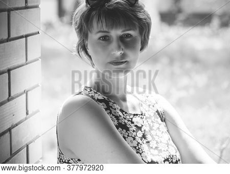 Mature European Pretty Good Woman On A Weekend Near Cottage Have A Good Mood At Summer Sunny Time