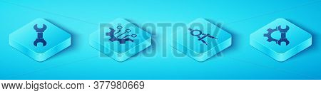 Set Isometric Wrench Spanner, Algorithm, Wrench Spanner And Gear And Drawing Compass Icon. Vector
