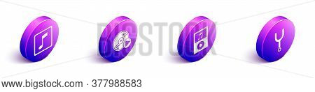 Set Isometric Music Note, Tone, Vinyl Disk, Music Player And Musical Tuning Fork Icon. Vector