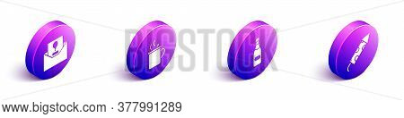 Set Isometric Invitation, Mulled Wine, Champagne Bottle And Firework Rocket Icon. Vector