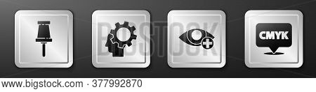 Set Push Pin, Human Head With Gear Inside, Red Eye Effect And Speech Bubble With Text Cmyk Icon. Sil