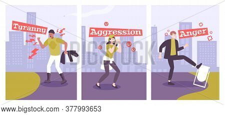 Collection Of Men And Women With Mental Disorders So As Aggression Tyranny Anger Flat Vector Illustr