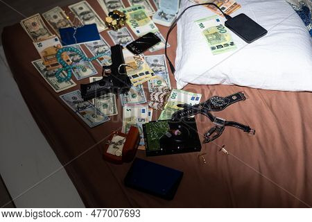 Crime Scene Investigation Process In Csi Laboratory. Evidence Labels With Fingerprint Applicant And 