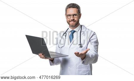 Cheerful Doctor Promoting Emedicine Isolated On White. Doctor Offering Emedicine In Studio