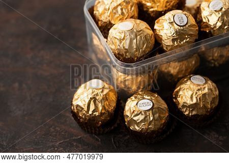 Dnipro. Ukraine 05.03.2023: Ferrero Rocher Chocolate And Hazelnut Confectionery Balls. Ferrero Roche