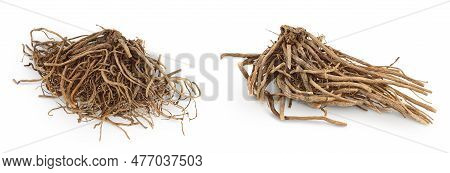 Dried Valerian Root Isolated On White Background. Valeriana Officinalis With Full Depth Of Field. To