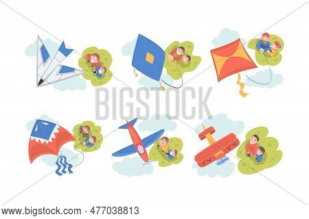 Father And Son Launching Toy Kite And Airplane Models Vector Set