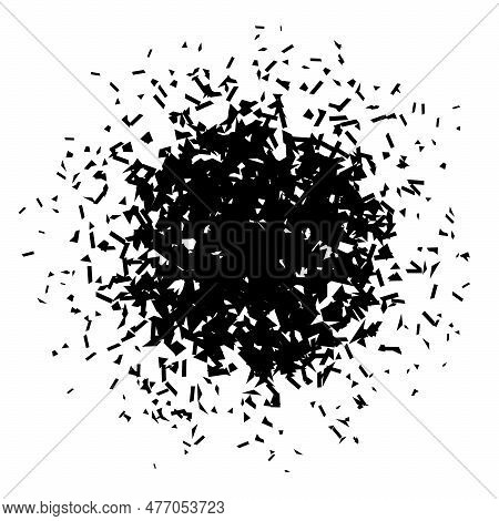 Shatters And Debris In Radial Shape. Black Broken Pieces, Specks, Speckles And Particles. Abstract E