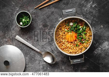 Korean Style Instant Noodles, Shin Ramyeon Or Ramyun With Egg, Scallion And Broth, Noodle Soup
