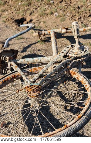 Rusty Unrepairable Abandoned Bike Waiting For Maintenance To Be Recycled, A Disturbing And Unsightly