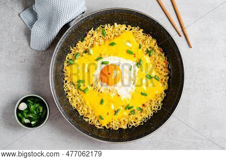 Kujirai Ramen, Shin Ramyeon Or Ramyun With Egg, Melted Cheese And Scallion, Instant Noodles