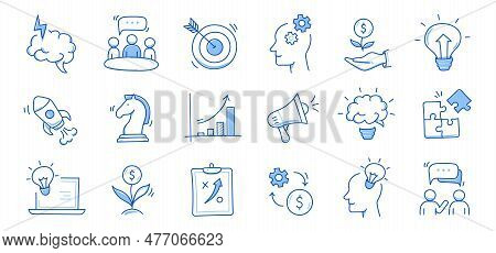 Business Idea, Startup Doodle Line Icon Set. Hand Drawn Doodle Sketch Line Style Business Strategy, 