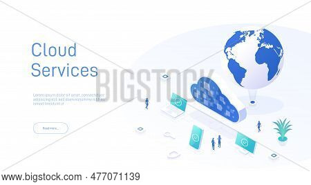 Cloud Technology Isometric Concept. Cloud Computing. Online Devices Upload, Download Information. Da