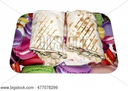 Shawarma In Lavash With Chicken And Vegetables.shawarma With Chicken Meat And Vegetables.shaverma Ba