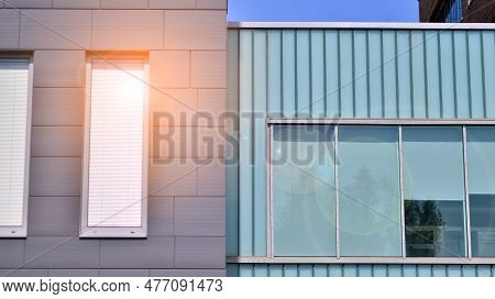 Metal Facade Of The Building. Details Of Aluminum Facade And Aluminum Panels On  Building. Cladding 