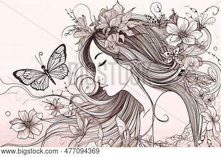 Lines Long Hair Young Woman Profile With Closed Eyes. Line Art Beautiful Lovely Fairy Pattern With F