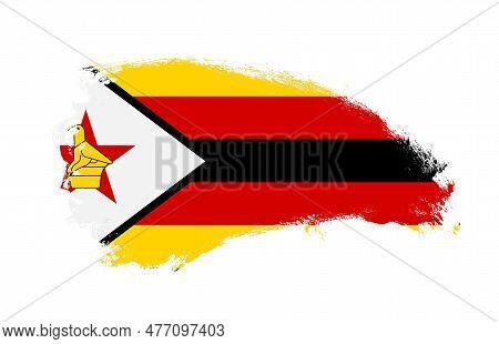 National Flag Of Zimbabwe Painted With Stroke Brush On Isolated White