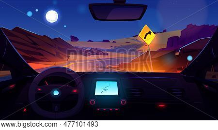Car Driver View Of Night Desert Highway. Vector Cartoon Illustration Of Auto Panel With Gps Navigati