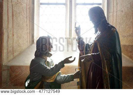 Petrovina, Croatia - July 22, 2013: Christ Handing The Keys To St Peter, Parish Church Of Saint Pete