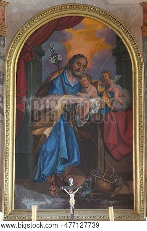Dol, Croatia - July 12, 2012: Saint Joseph Holding Baby Jesus, Church Of Our Lady Of Dol In Dol, Cro