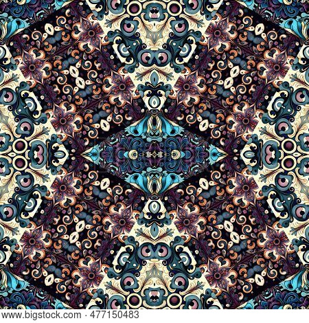 Ornamental Victorian Seamless Wallpaper In Roccoco Style. Repeat Tile Of Ornate Botanical Baroque De