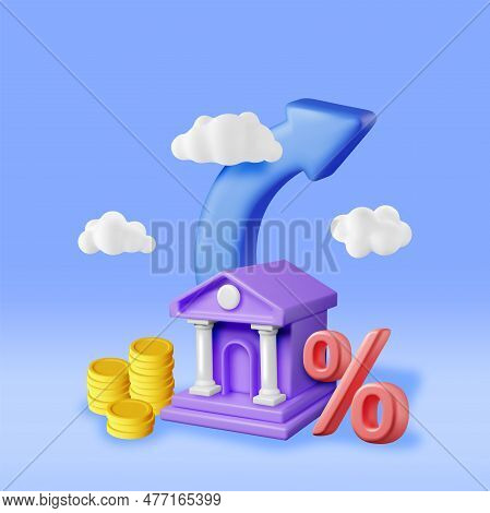 3d Growth Bank Stock Chart Arrow With Golden Coins. Render Stock Arrow With Money And Percentage Sym