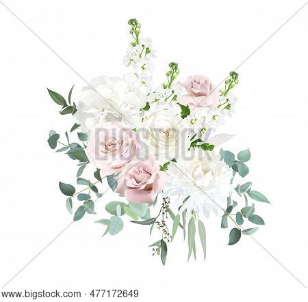 Silver Sage Green And Blush Pink Flowers Vector Design Bouquet. Dusty Mauve Rose, White Dahlia, Hydr