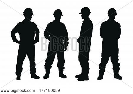 Construction Workers Wearing Uniforms And Standing Silhouette Bundles. Men Bricklayers With Anonymou