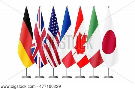 G7 Countries Flags On Flag Stands, Vector