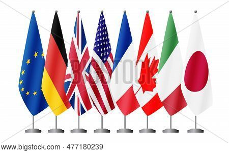 Eu And G7 Countries Flags On Flag Stands, Vector