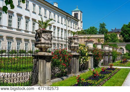 Beautiful Mirabell Palace In Salzburg Austria With Rose Garden And Statues